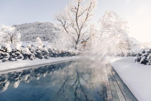 a pool covered in snow with trees and bushes at Posthotel Taube in Schruns-Tschagguns