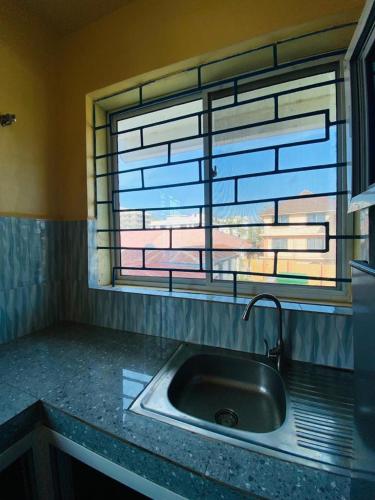 ein Waschbecken in einer Küche mit Fenster in der Unterkunft Qarib Rock City in Mwanza