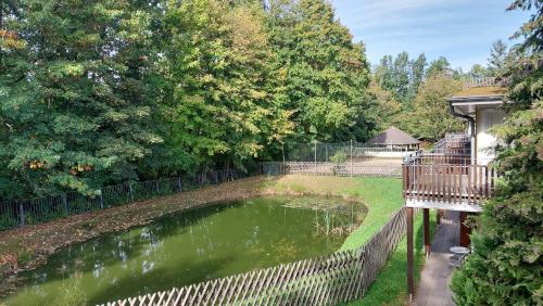 a pond in a yard next to a fence at Ferienwohnung Teichblick in Freiberg