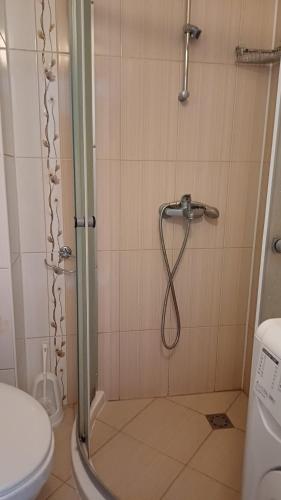 a shower with a glass door in a bathroom at Стаи за гости Анхиало in Pomorie
