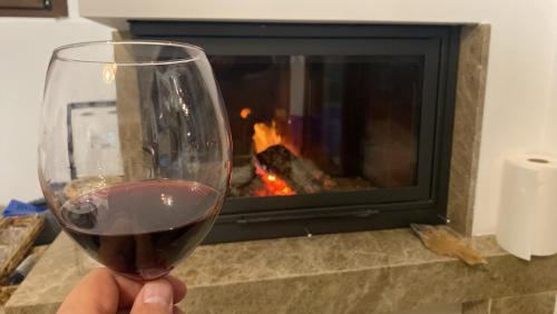 a person holding a glass of wine in front of a fireplace at Momo's House in Nikiti