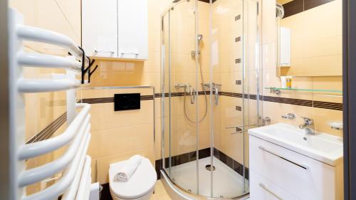 a bathroom with a shower and a toilet and a sink at Wonder Home - Apartamenty Karkonosz blisko wyciągów narciarskich, szlaków i restauracji in Karpacz