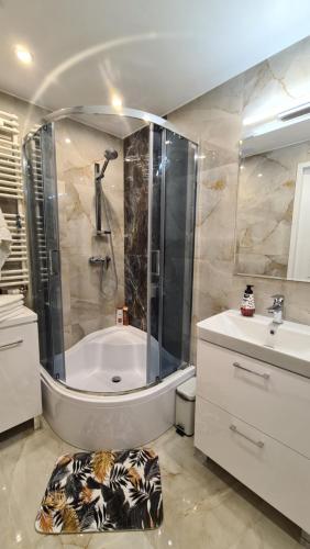 a bathroom with a tub and a shower and a sink at Modlin Deluxe Suite in Nowy Dwór Mazowiecki