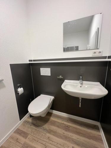 a bathroom with a sink and a toilet and a mirror at Timeless: 3 Zimmer Maisonette-Wohnung in Villingen-Schwenningen in Villingen-Schwenningen