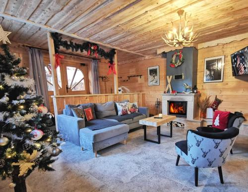a living room with a christmas tree and a couch at Domek do wynajęcia "Jodłowe Izby" in Białka Tatrzańska