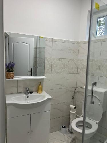 a white bathroom with a toilet and a sink at studio G&A 2 in Hunedoara