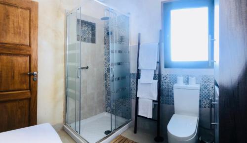Apartment Alegria in Mozaga في Mozaga: حمام مع دش زجاجي ومرحاض