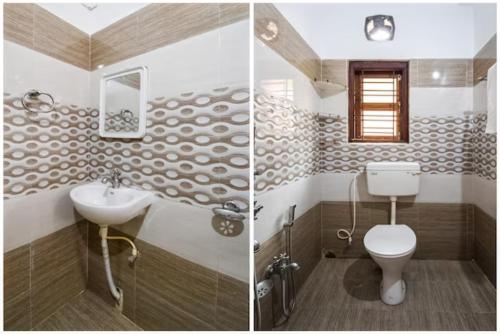 two pictures of a bathroom with a toilet and a sink at Goroomgo Mks Inn Bhubaneswar in Bhubaneshwar