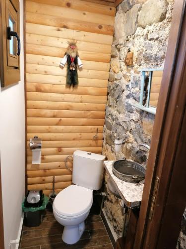 a bathroom with a toilet and a stone wall at Каменната къща in Borowo