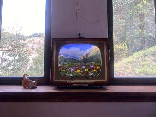 een kleine televisie in een vensterbank met uitzicht bij Каменната къща in Borovo