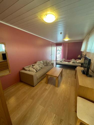 ein Wohnzimmer mit einem Sofa und einem Tisch in der Unterkunft Tristvere maja in Kadrina