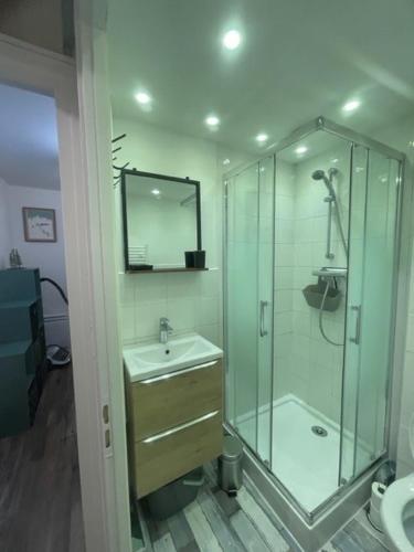 une salle de bain avec une douche en verre et un lavabo dans l'établissement Résidence La Ruche-Appartement ISOARD (T2), aux Carroz d'Arâches