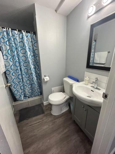 a bathroom with a toilet and a sink at Cute Highlandpark (Lower A Unit) in Calgary