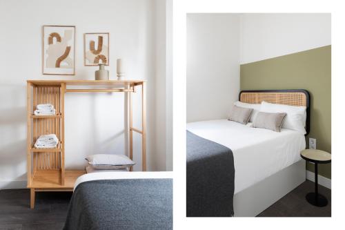 2 Bilder eines Schlafzimmers mit einem Bett und einem Tisch in der Unterkunft Espíritu Santo Suite Apartment in Sevilla