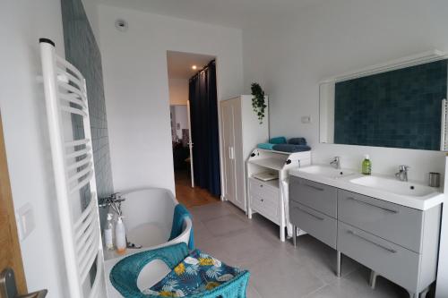 un bagno con 2 lavandini e una vasca di CHAMBRES chez l'habitant Córdoba et Lhassa a Bordeaux