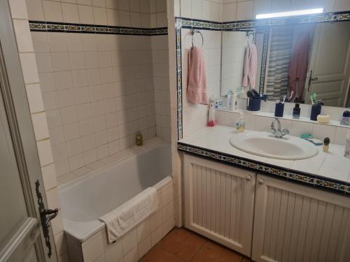 ein Badezimmer mit einem Waschbecken, einer Badewanne und einem Waschbecken in der Unterkunft Grand Mas Provençal avec jacuzzi in Sisteron