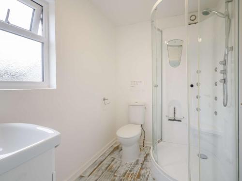 a white bathroom with a toilet and a shower at 1 Bed in Aberdesach 90624 in Clynnog-fawr