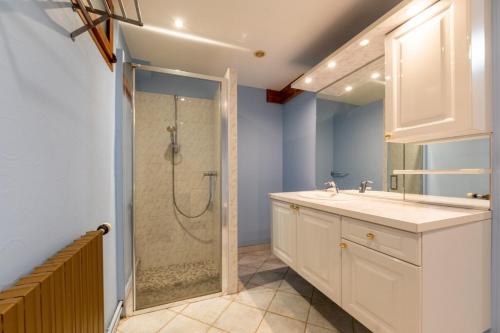 een badkamer met een douche en een wastafel bij Chalet Le Valserine les Bouvettes in Lélex