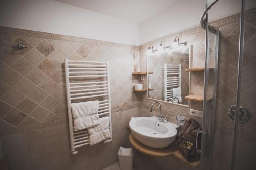 W łazience znajduje się umywalka i lustro. w obiekcie Apartments Pitschlmann w mieście Fiè