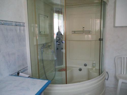een douche met een glazen deur in de badkamer bij Le Mas Nany in Rocbaron
