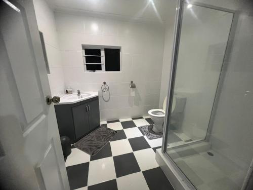 a bathroom with a shower and a sink and a toilet at When in the Middle Self Catering Guest House in Durban