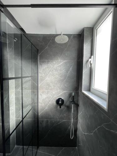 uma casa de banho com um chuveiro e uma porta de vidro em Beratinus Apartment em Berat