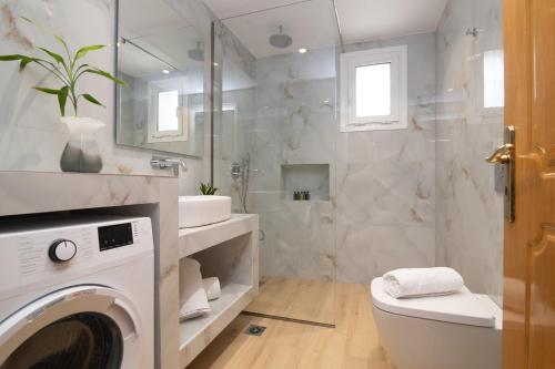 a bathroom with a washing machine and a toilet at Villa Pergola in Pandokrátor