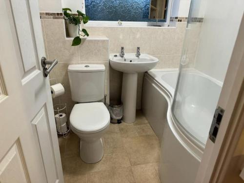 a bathroom with a toilet and a sink at Summer House Sleeps 6 , 2 Large Parking Spaces, walking distance to Cardiff Bay and City Centre in Cardiff