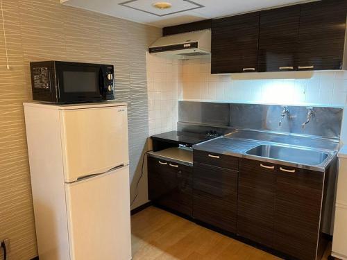 a kitchen with a white refrigerator and a microwave at HS平岸 HSHiraghishi in Minami-jūichijō