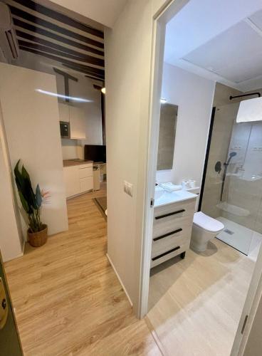 a bathroom with a shower and a toilet and a sink at Centrico Apt 7pax en Anton Martin-Centro in Madrid