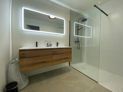 a bathroom with a sink and a mirror and a shower at Casa Aninka in Ostend