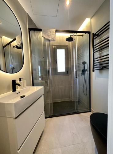 a bathroom with a shower and a sink and a mirror at Central Apt de 2hab para 5pax en Calle Silva in Madrid
