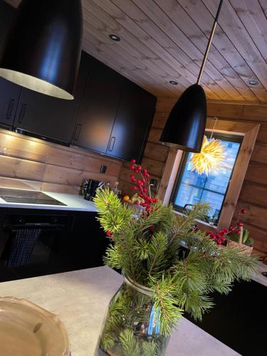 a vase with a christmas tree in a kitchen at Idre Mountain Lodges with 11 beds in Idre