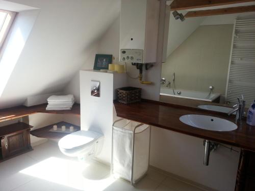 a bathroom with a sink and a toilet and a mirror at Apartament Pola & Tola in Sopot