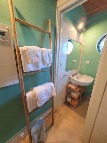 łazienka z wieszakiem na ręczniki i umywalką w obiekcie La Casetta di Angela w mieście Rivarolo Canavese
