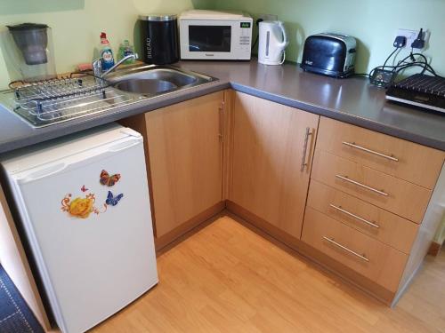 uma cozinha com um lavatório e um pequeno frigorífico em Peace and quiet on The Limes em Motcombe