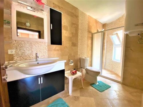 uma casa de banho com um lavatório e um WC em Apart Villa Asoa em Kalkan