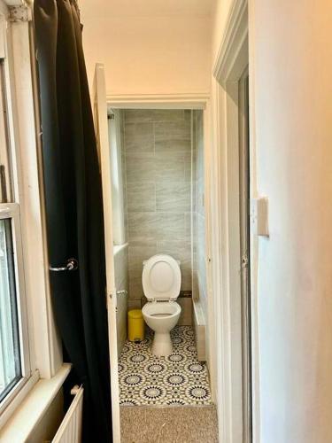 a bathroom with a toilet in a small room at Saxon Cottage St Leonards on sea in Hastings