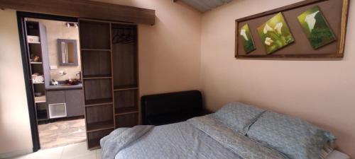 ein Schlafzimmer mit einem Bett und einem Bücherregal in der Unterkunft Cabaña el amarillo in Barbosa