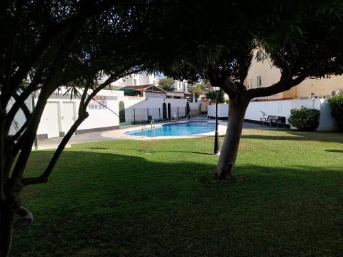 una piscina en un patio con un árbol en Chalet en Málaga, Torremolinos, cerca de la playa, en Málaga