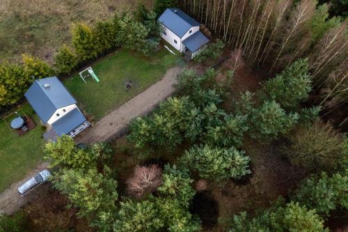 an aerial view of a yard with a house and trees at Domki na Kaszubach u Madzi in Grabówko