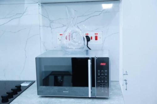 a glass vase sitting on top of a microwave at Superb 1-Bed Apartment in Harrow in Harrow