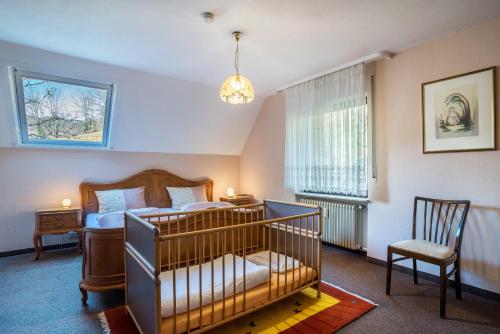 sypialnia z łóżeczkiem dziecięcym, krzesłem i oknem w obiekcie Ferienwohnung Frechehof 136 qm w mieście Bad Peterstal-Griesbach