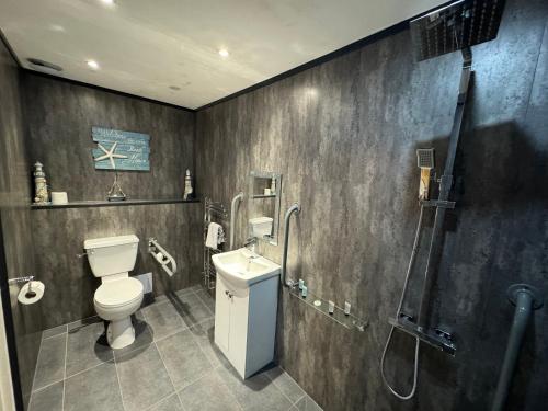 a bathroom with a toilet and a shower and a sink at The Waves B&B in Birchington