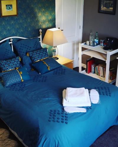 a blue bed with towels on top of it at Maison Des Glycines in Droux