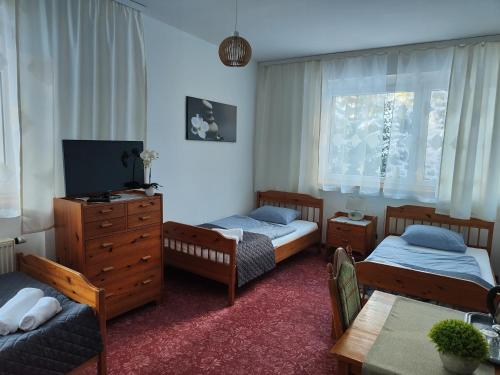 a bedroom with two twin beds and a television at DW Agat in Karpacz