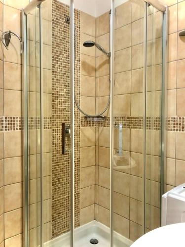 a shower with a glass door in a bathroom at Boka Residence 7 in Herceg-Novi