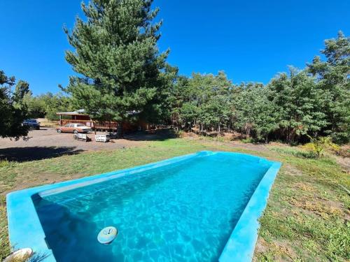una piscina azul en un patio con árboles en Casa familiar yumbel con opcion a tinaja 