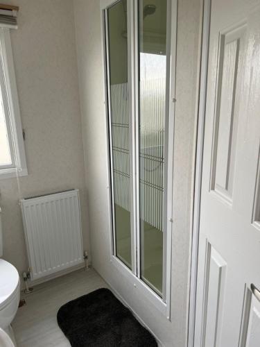 a bathroom with a glass shower door next to a toilet at Coastal Caravan Holidays - Goldfinch 22 in Withernsea