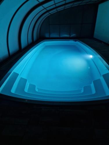 a blue hot tub in a dark room at Podbrdská chalupa in Nechanice